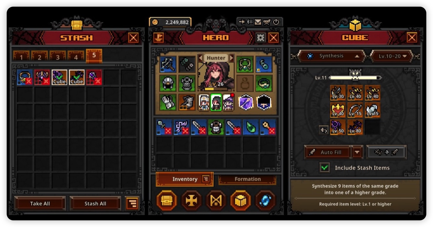 Task Bar Hero Cube interface showing the Synthesis panel beside the Stash and Hero windows